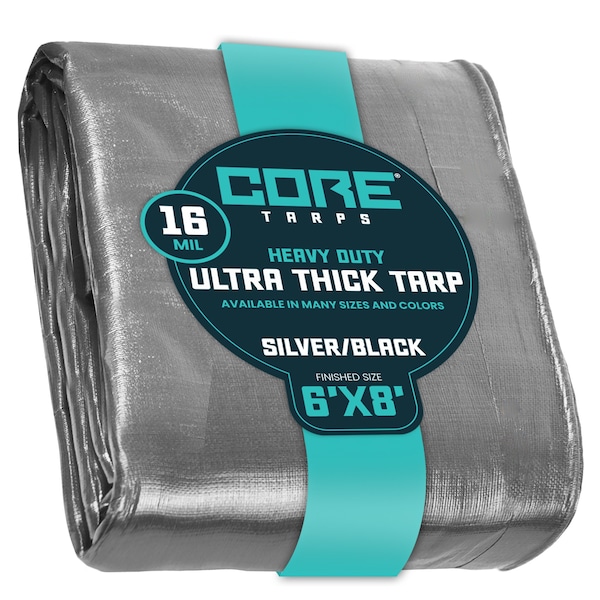 Core Tarps Heavy Duty Tarp, 8 ft L x 0.5 mm H x 6 ft W, 16 Mil, Silver/Black, Polyethylene CT-301-6X8 - main